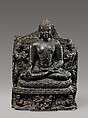 Seated Buddha Reaching Enlightenment, Flanked by Avalokiteshvara and Maitreya, Black schist, India, Bihar, Nalanda monastery